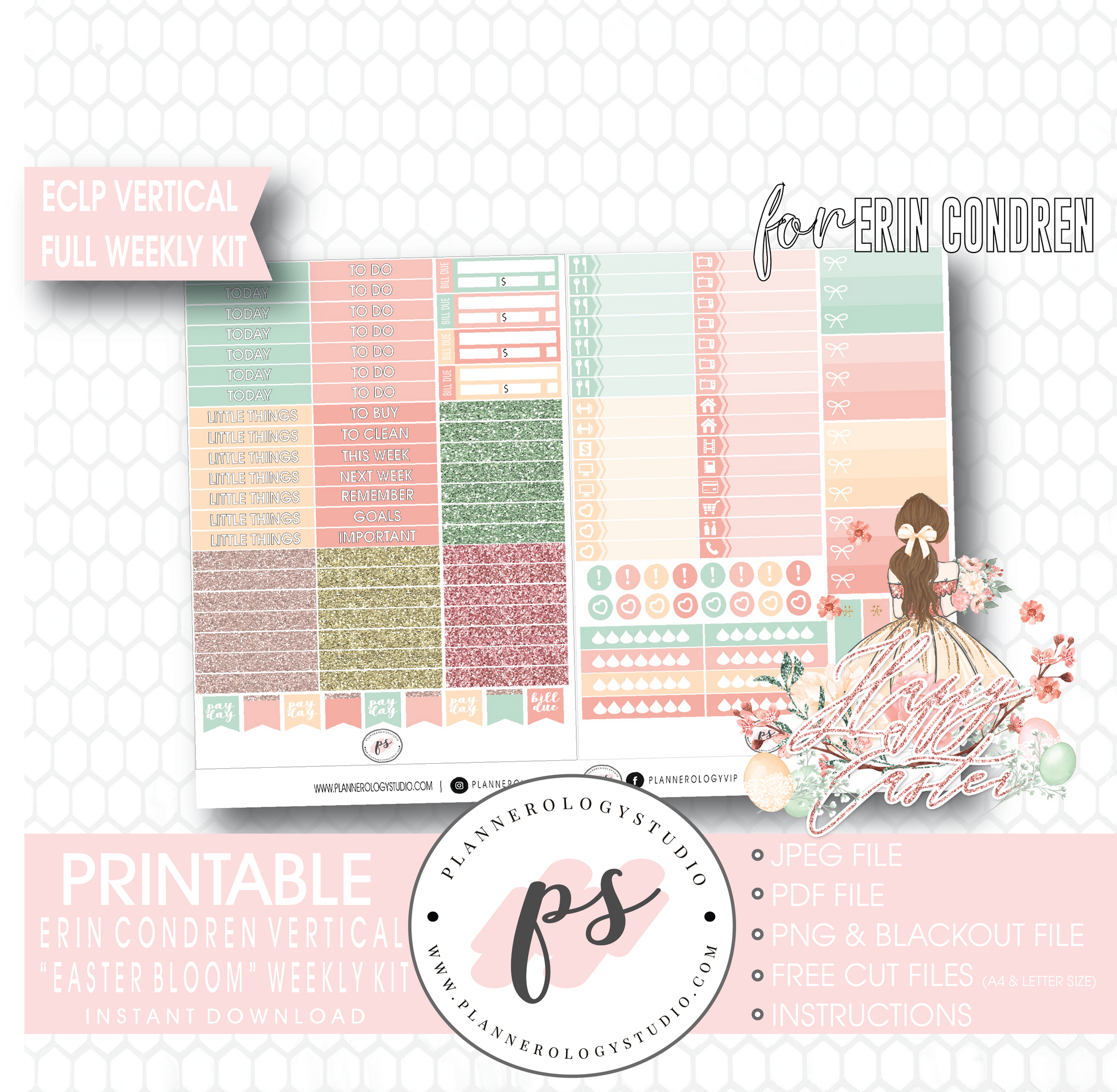 Easter Bloom Full Weekly Kit Printable Planner Digital Stickers (for use with Erin Condren Vertical) - Plannerologystudio
