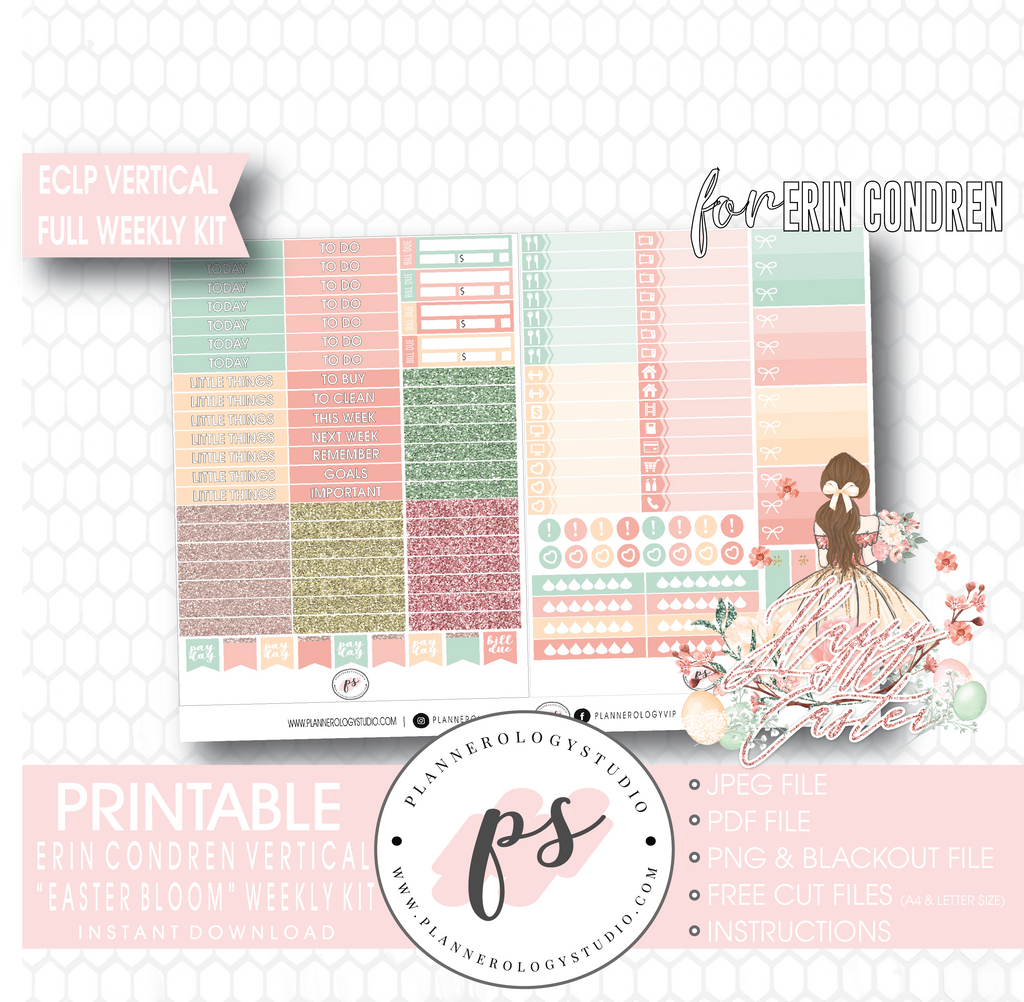 Easter Bloom Full Weekly Kit Printable Planner Digital Stickers (for use with Erin Condren Vertical) - Plannerologystudio