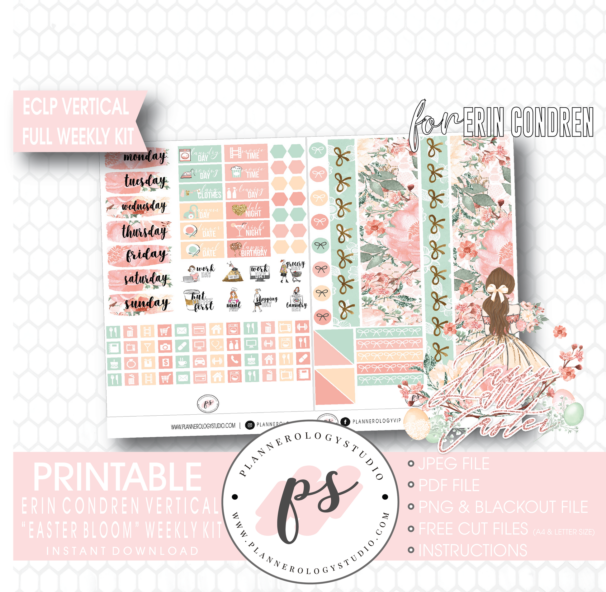 Easter Bloom Full Weekly Kit Printable Planner Digital Stickers (for use with Erin Condren Vertical) - Plannerologystudio