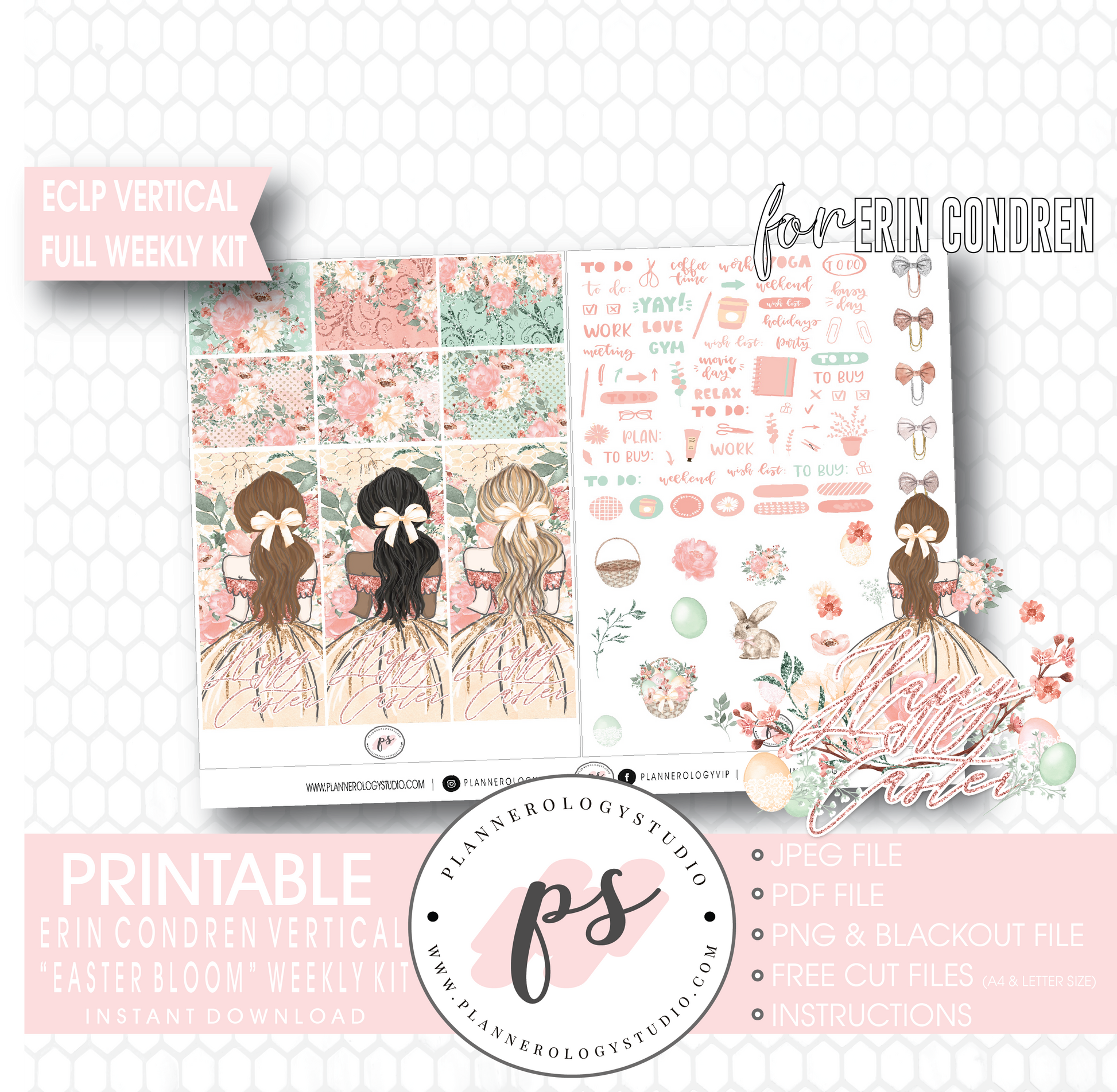 Easter Bloom Full Weekly Kit Printable Planner Digital Stickers (for use with Erin Condren Vertical) - Plannerologystudio