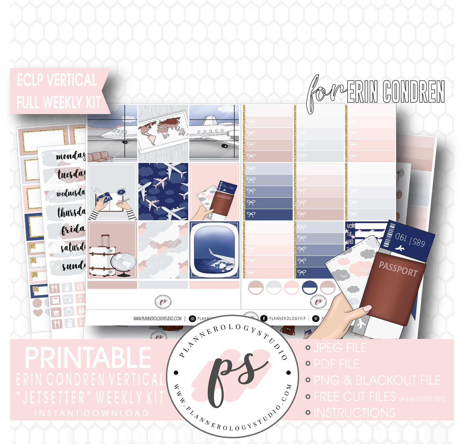 Jetsetter Full Weekly Kit Printable Planner Digital Stickers (for use with Erin Condren Vertical) - Plannerologystudio