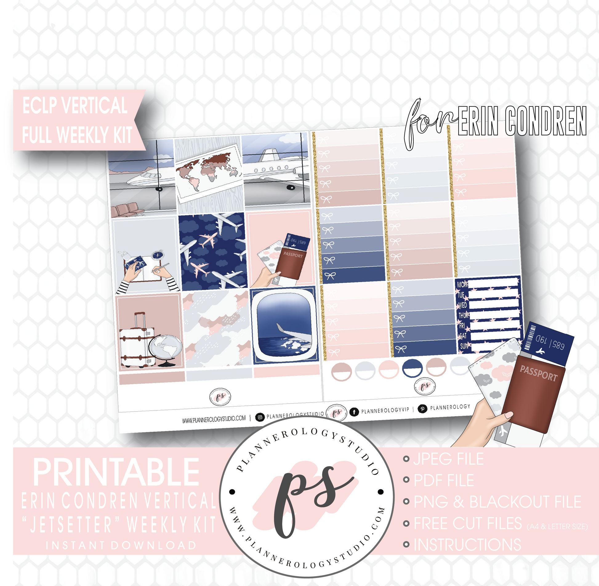 Jetsetter Full Weekly Kit Printable Planner Digital Stickers (for use with Erin Condren Vertical) - Plannerologystudio