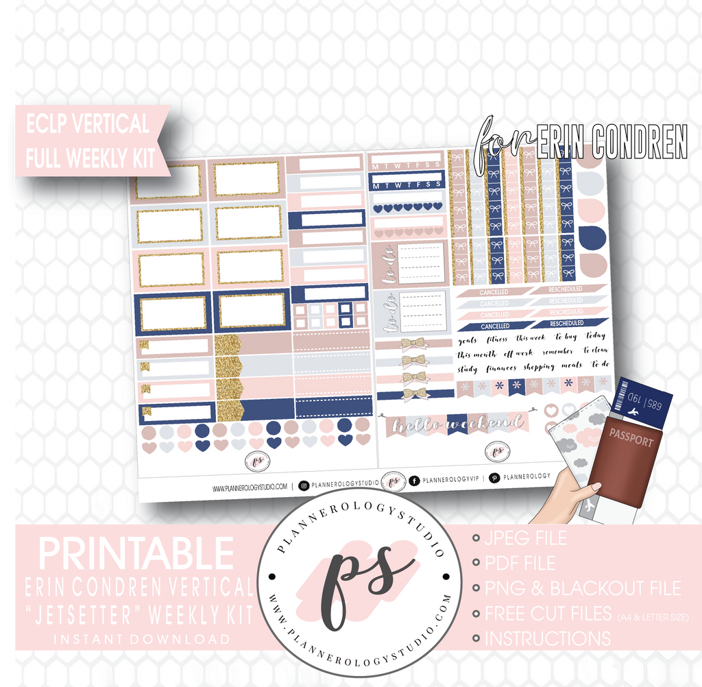 Jetsetter Full Weekly Kit Printable Planner Digital Stickers (for use with Erin Condren Vertical) - Plannerologystudio