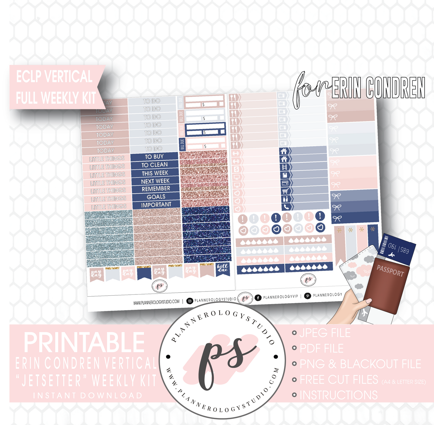 Jetsetter Full Weekly Kit Printable Planner Digital Stickers (for use with Erin Condren Vertical) - Plannerologystudio