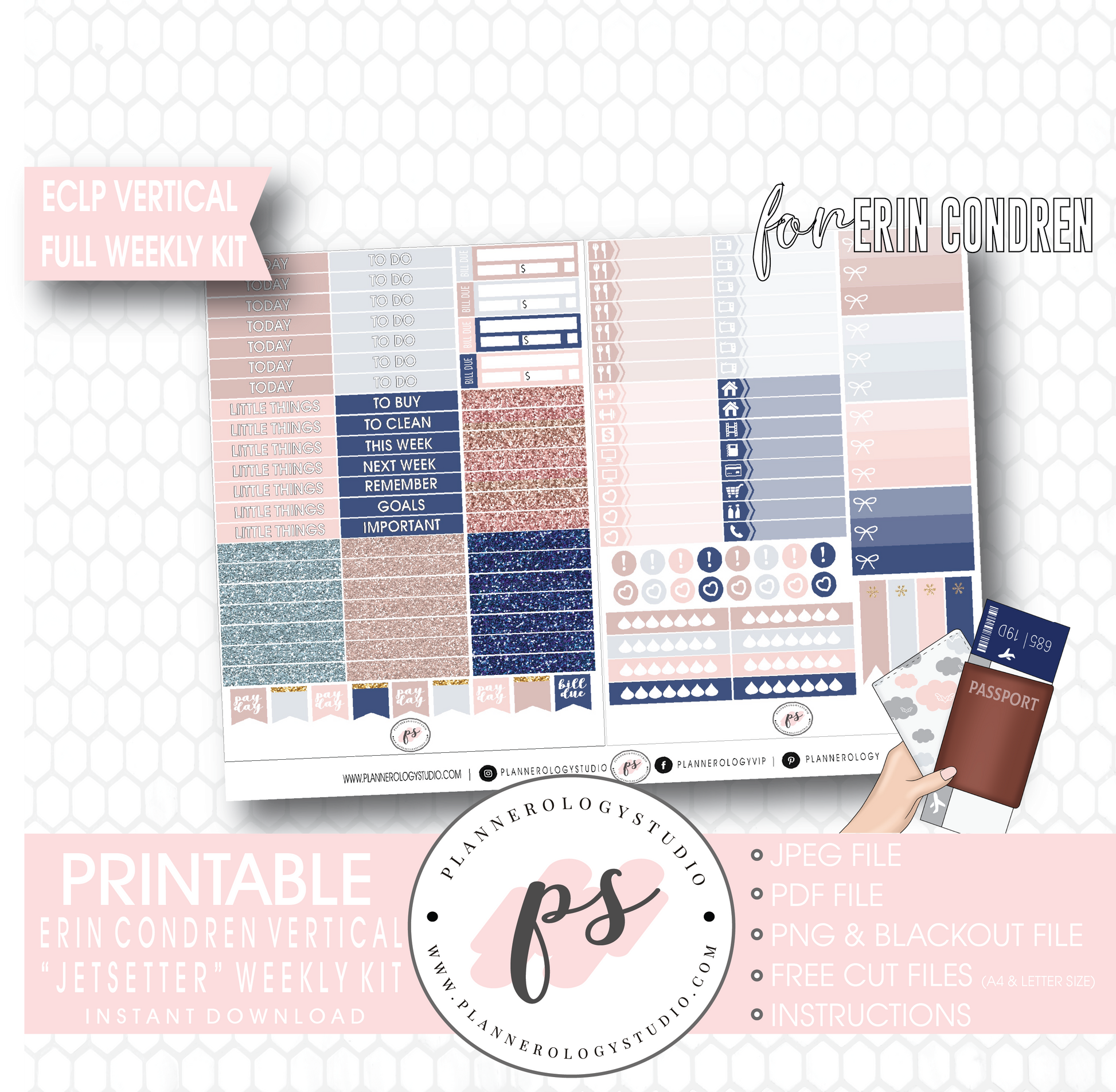 Jetsetter Full Weekly Kit Printable Planner Digital Stickers (for use with Erin Condren Vertical) - Plannerologystudio