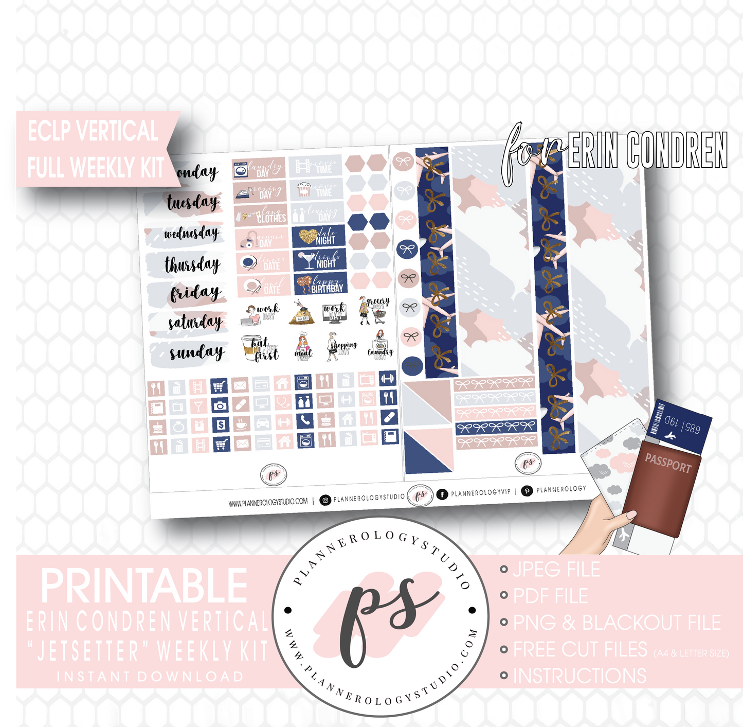 Jetsetter Full Weekly Kit Printable Planner Digital Stickers (for use with Erin Condren Vertical) - Plannerologystudio