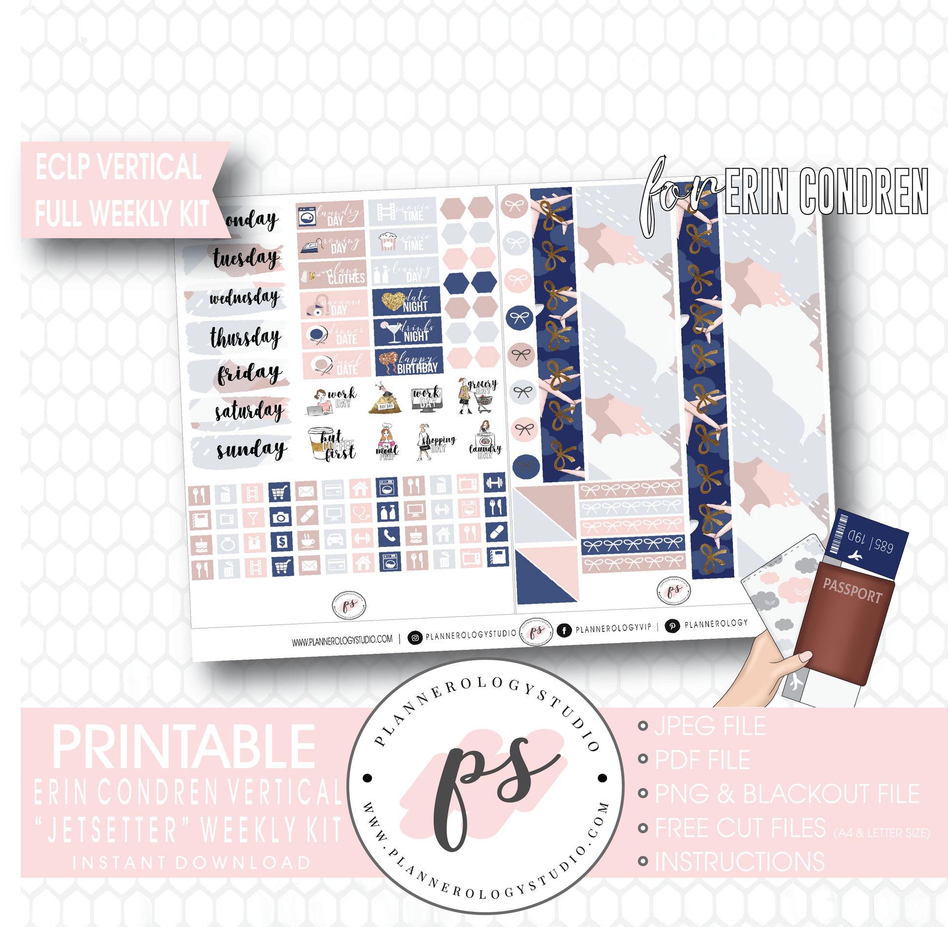 Jetsetter Full Weekly Kit Printable Planner Digital Stickers (for use with Erin Condren Vertical) - Plannerologystudio