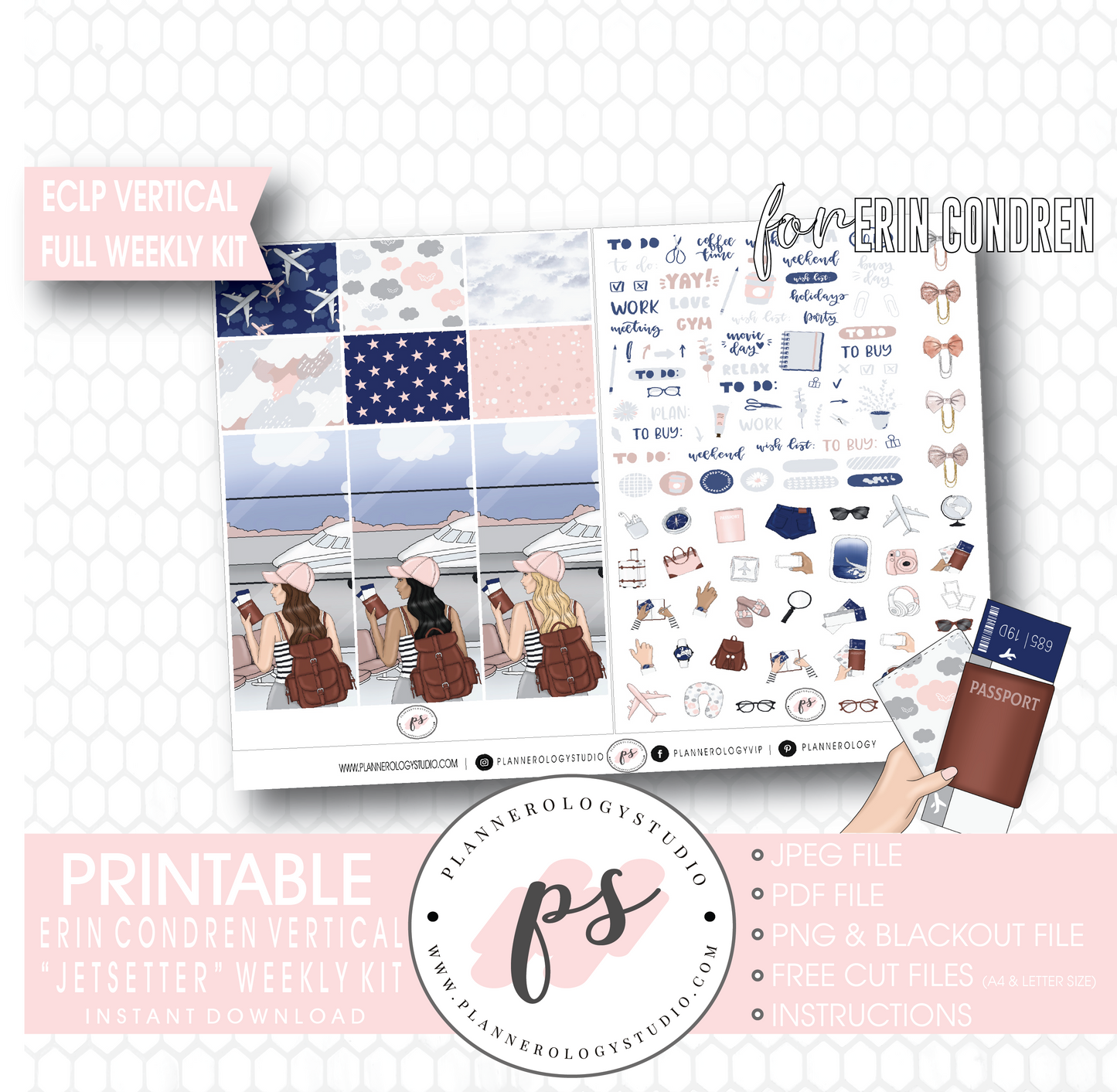 Jetsetter Full Weekly Kit Printable Planner Digital Stickers (for use with Erin Condren Vertical) - Plannerologystudio