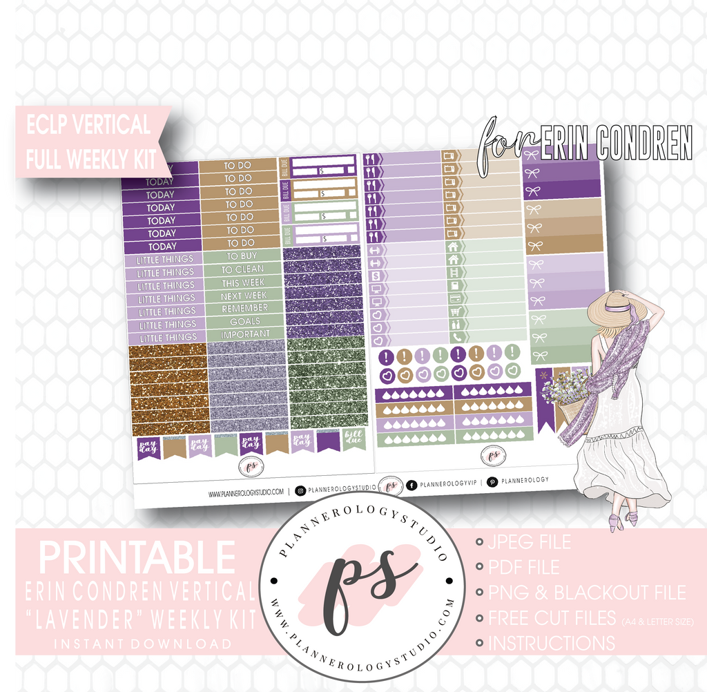 Lavender Full Weekly Kit Printable Planner Digital Stickers (for use with Erin Condren Vertical) - Plannerologystudio