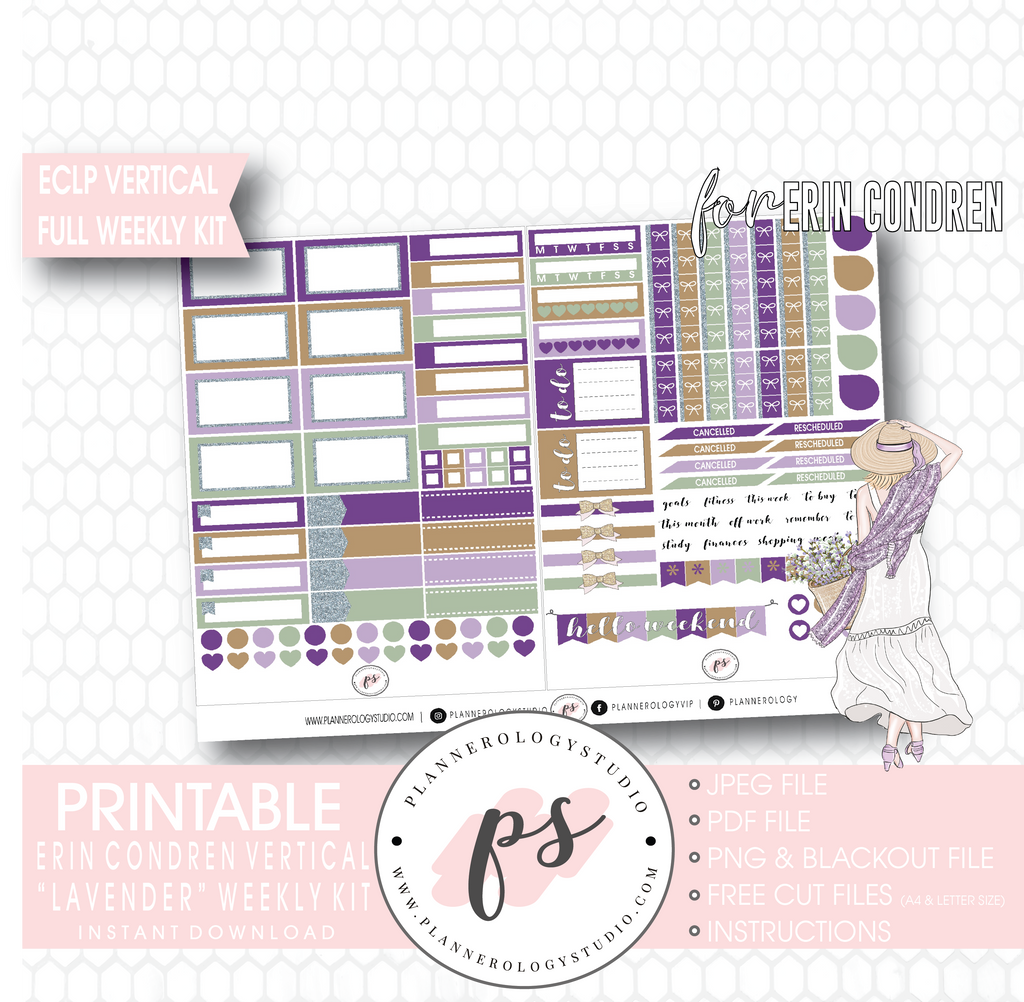 Lavender Full Weekly Kit Printable Planner Digital Stickers (for use with Erin Condren Vertical) - Plannerologystudio
