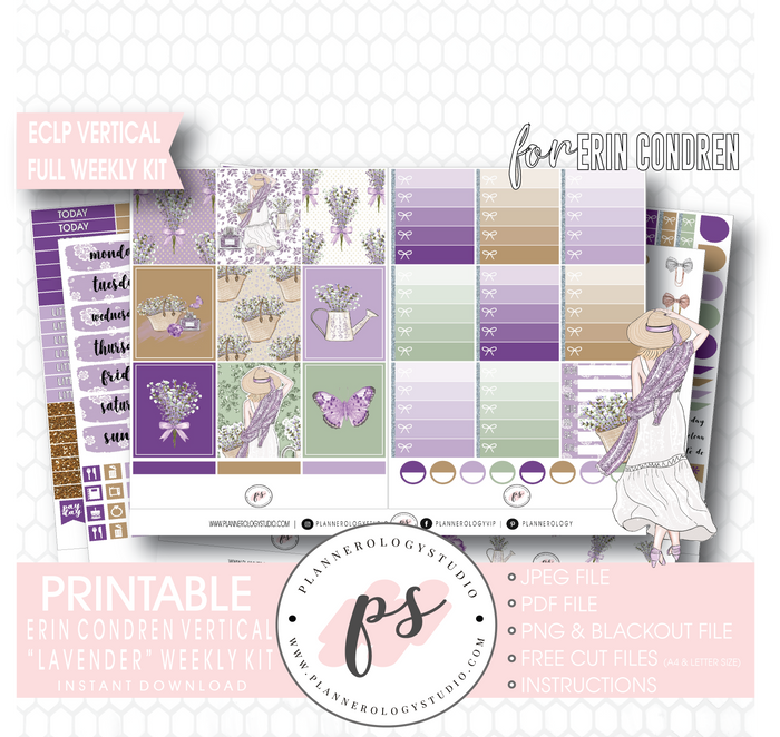 Lavender Full Weekly Kit Printable Planner Digital Stickers (for use with Erin Condren Vertical) - Plannerologystudio