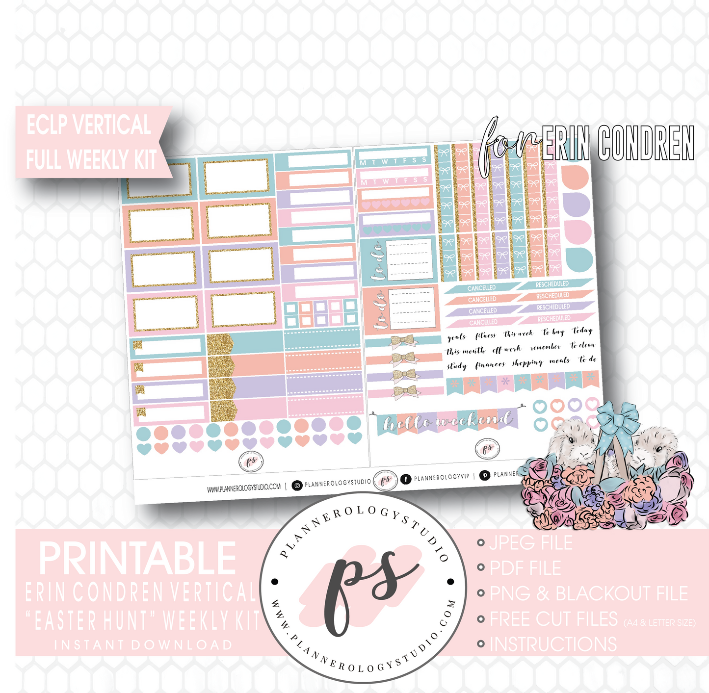 Easter Hunt Full Weekly Kit Printable Planner Digital Stickers (for use with Erin Condren Vertical - Plannerologystudio