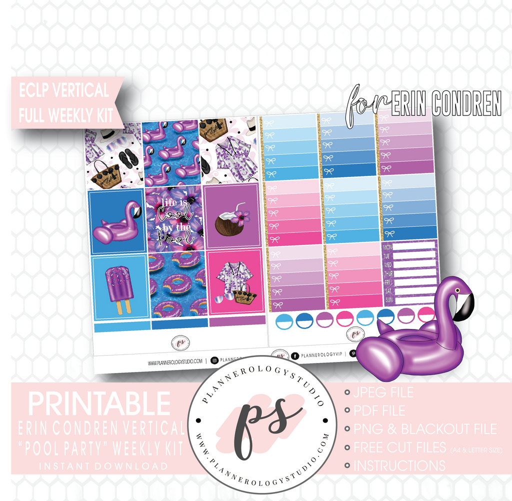 Pool Party Full Weekly Kit Printable Planner Digital Stickers (for use with Erin Condren Vertical) - Plannerologystudio