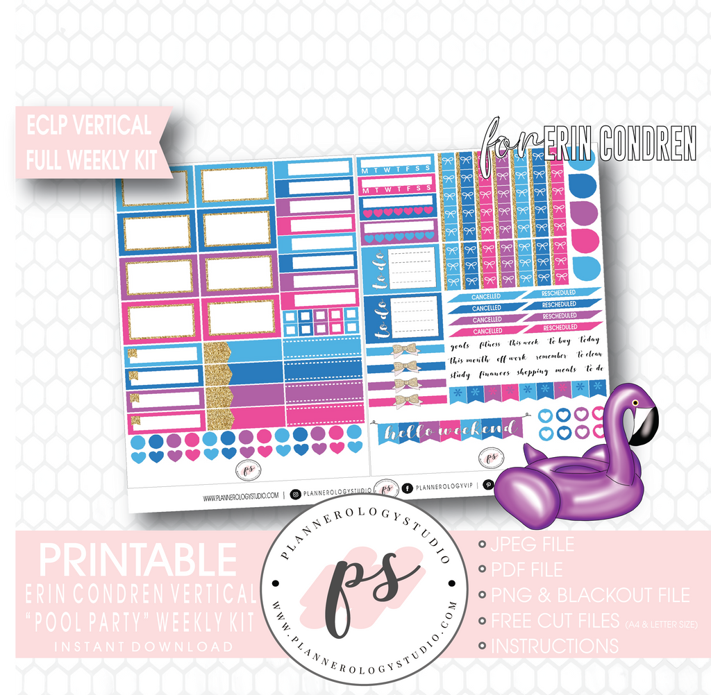 Pool Party Full Weekly Kit Printable Planner Digital Stickers (for use with Erin Condren Vertical) - Plannerologystudio