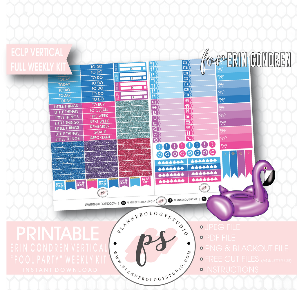Pool Party Full Weekly Kit Printable Planner Digital Stickers (for use with Erin Condren Vertical) - Plannerologystudio