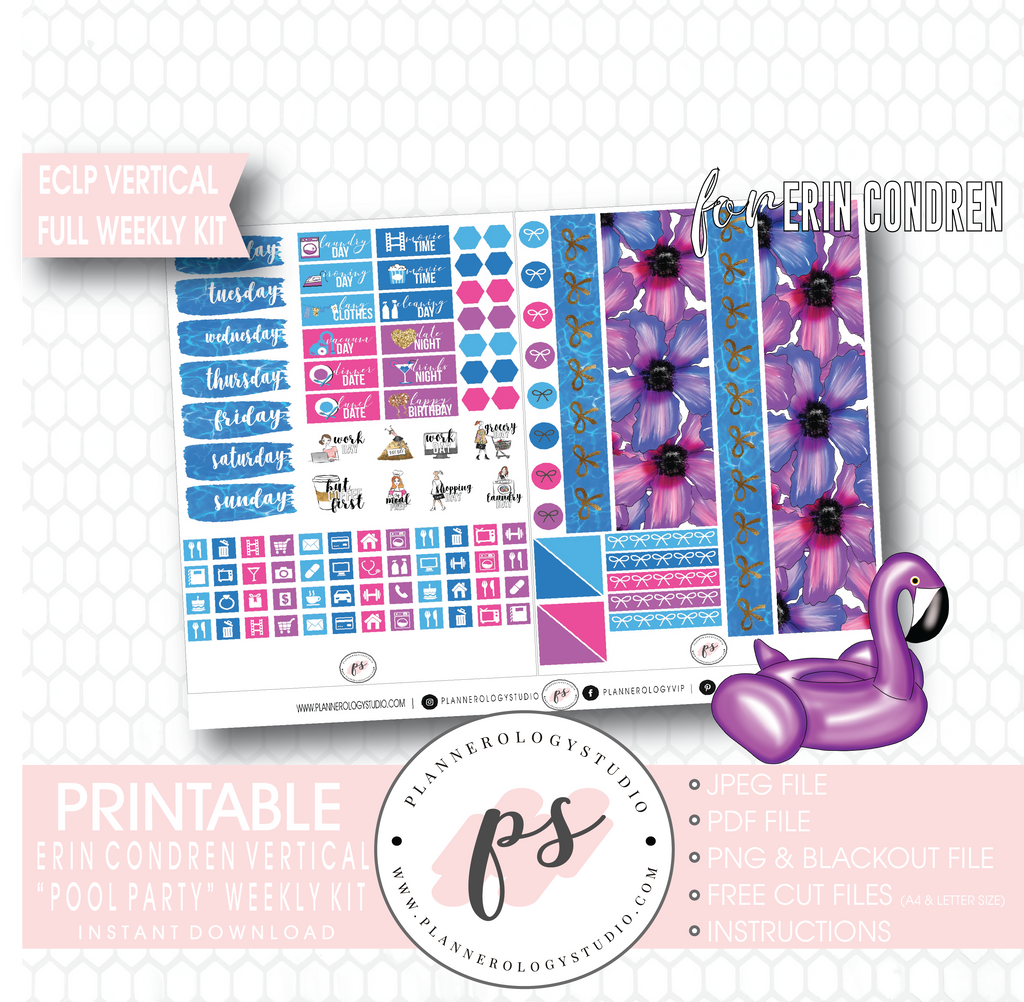Pool Party Full Weekly Kit Printable Planner Digital Stickers (for use with Erin Condren Vertical) - Plannerologystudio