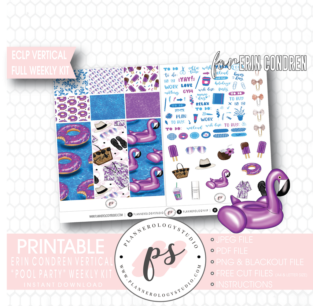 Pool Party Full Weekly Kit Printable Planner Digital Stickers (for use with Erin Condren Vertical) - Plannerologystudio