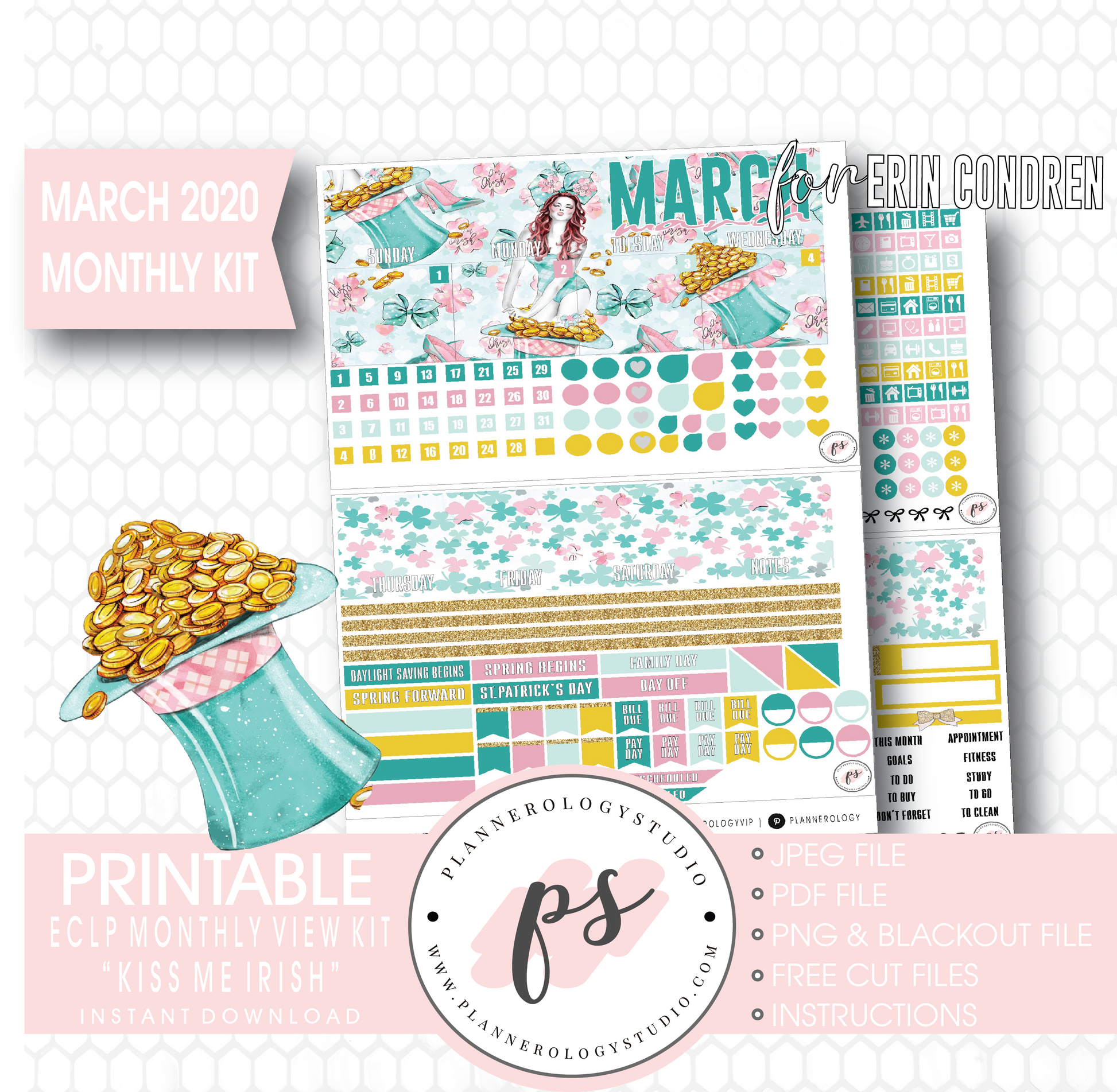 Kiss Me Irish March 2020 Monthly View Kit Digital Printable Planner Stickers (for use with Erin Condren) - Plannerologystudio
