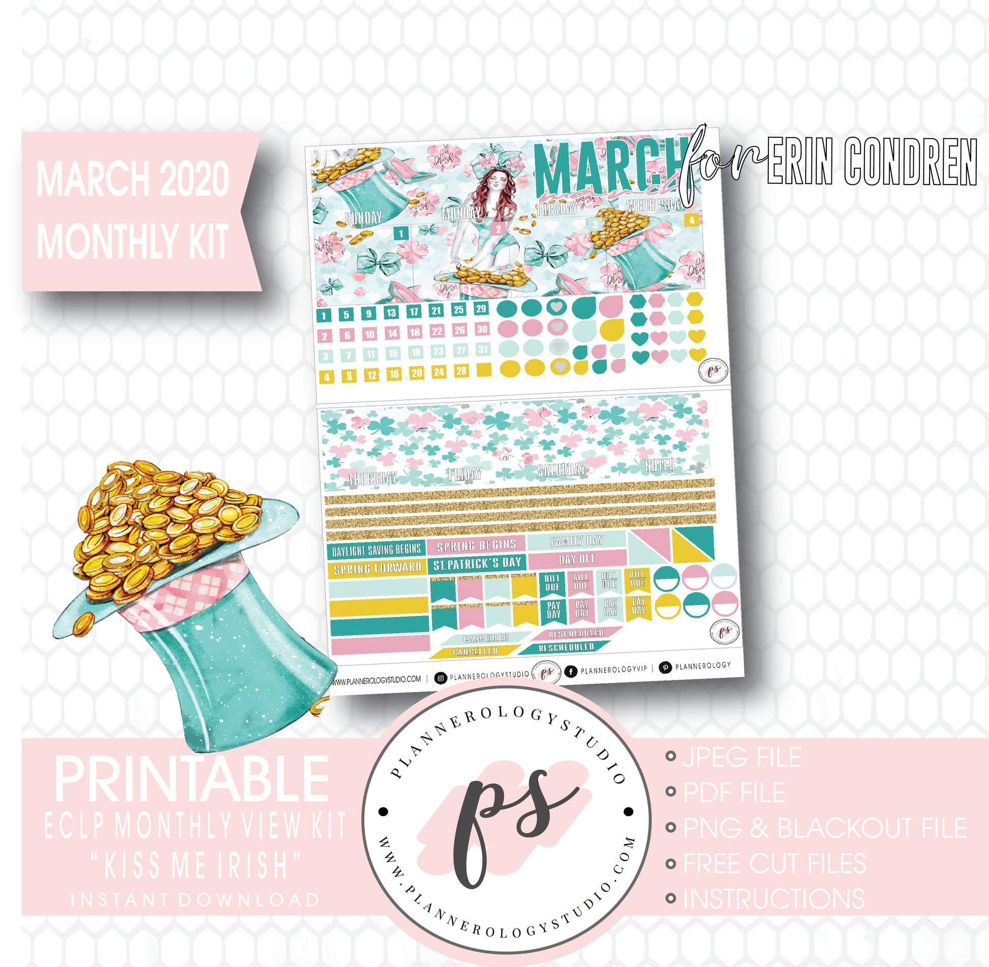 Kiss Me Irish March 2020 Monthly View Kit Digital Printable Planner Stickers (for use with Erin Condren) - Plannerologystudio
