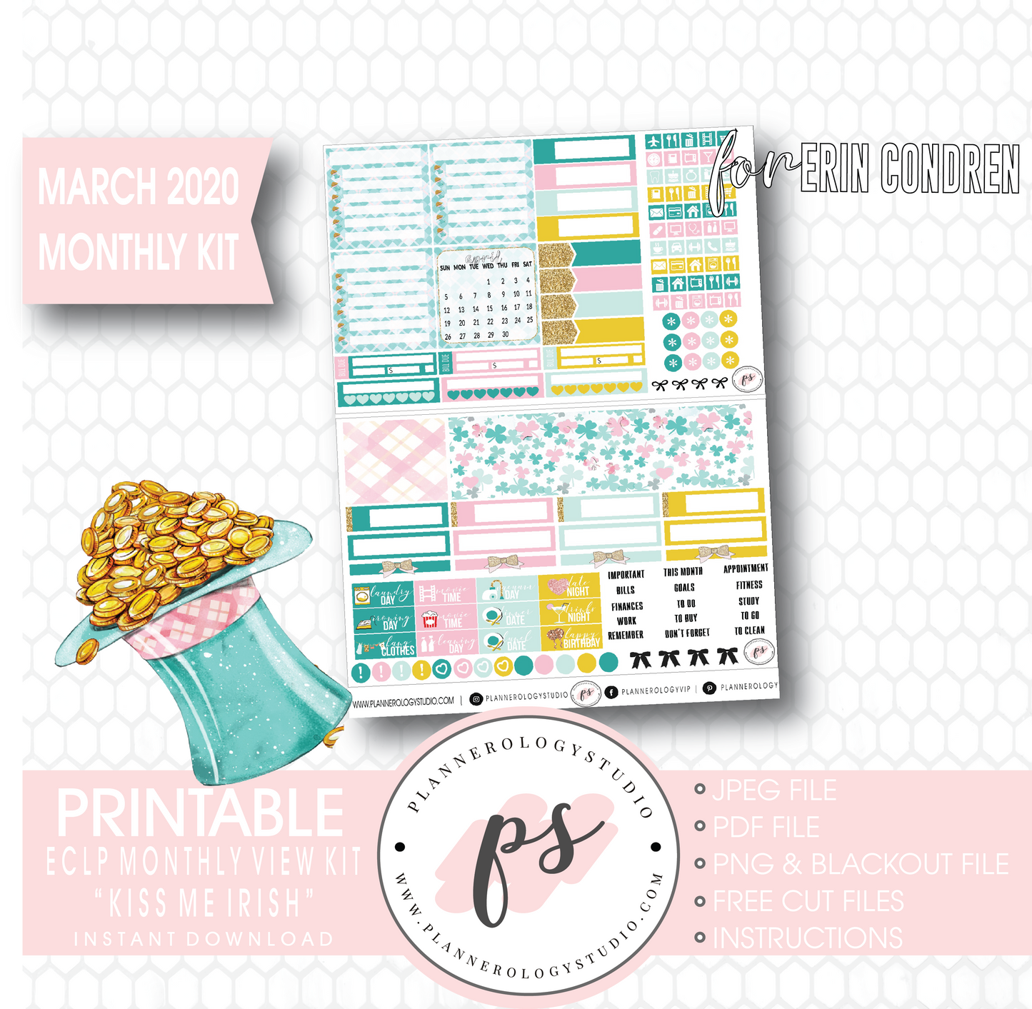 Kiss Me Irish March 2020 Monthly View Kit Digital Printable Planner Stickers (for use with Erin Condren) - Plannerologystudio