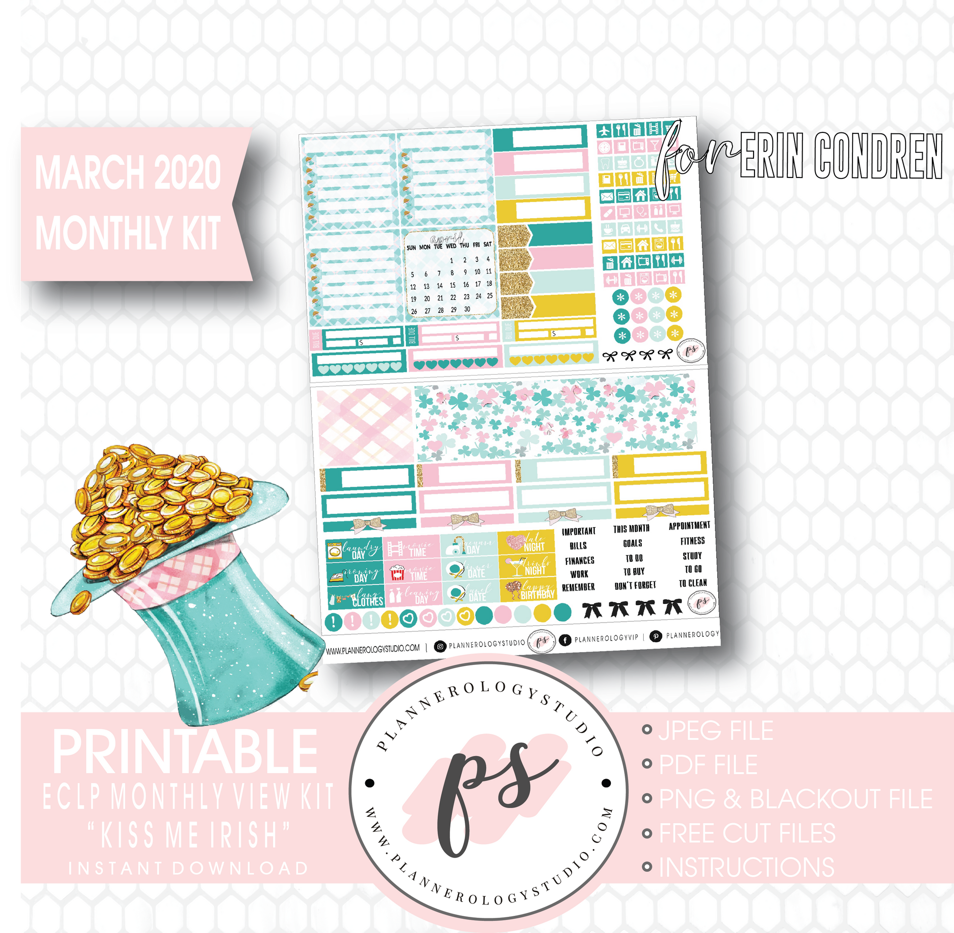 Kiss Me Irish March 2020 Monthly View Kit Digital Printable Planner Stickers (for use with Erin Condren) - Plannerologystudio