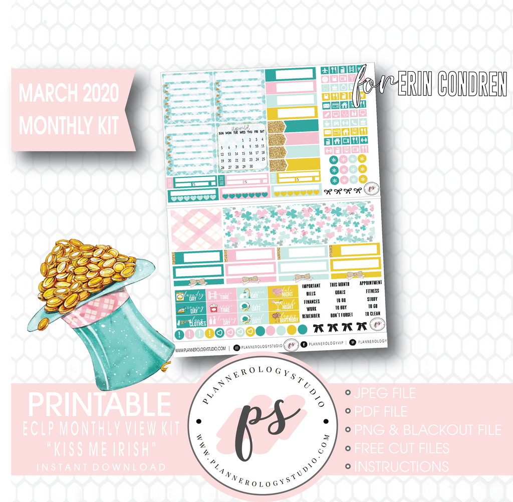 Kiss Me Irish March 2020 Monthly View Kit Digital Printable Planner Stickers (for use with Erin Condren) - Plannerologystudio