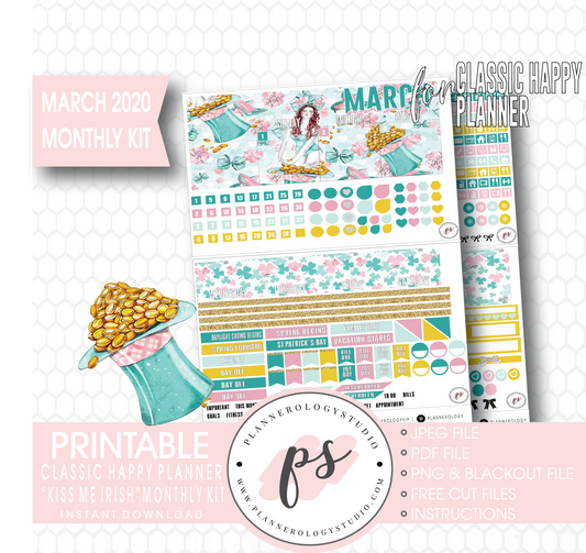 Kiss Me Irish March 2020 Monthly View Kit Digital Printable Planner Stickers (for use with Classic Happy Planner) - Plannerologystudio