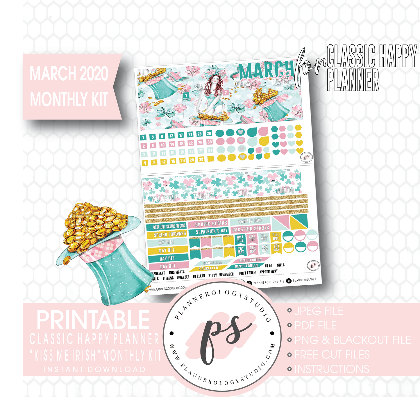 Kiss Me Irish March 2020 Monthly View Kit Digital Printable Planner Stickers (for use with Classic Happy Planner) - Plannerologystudio