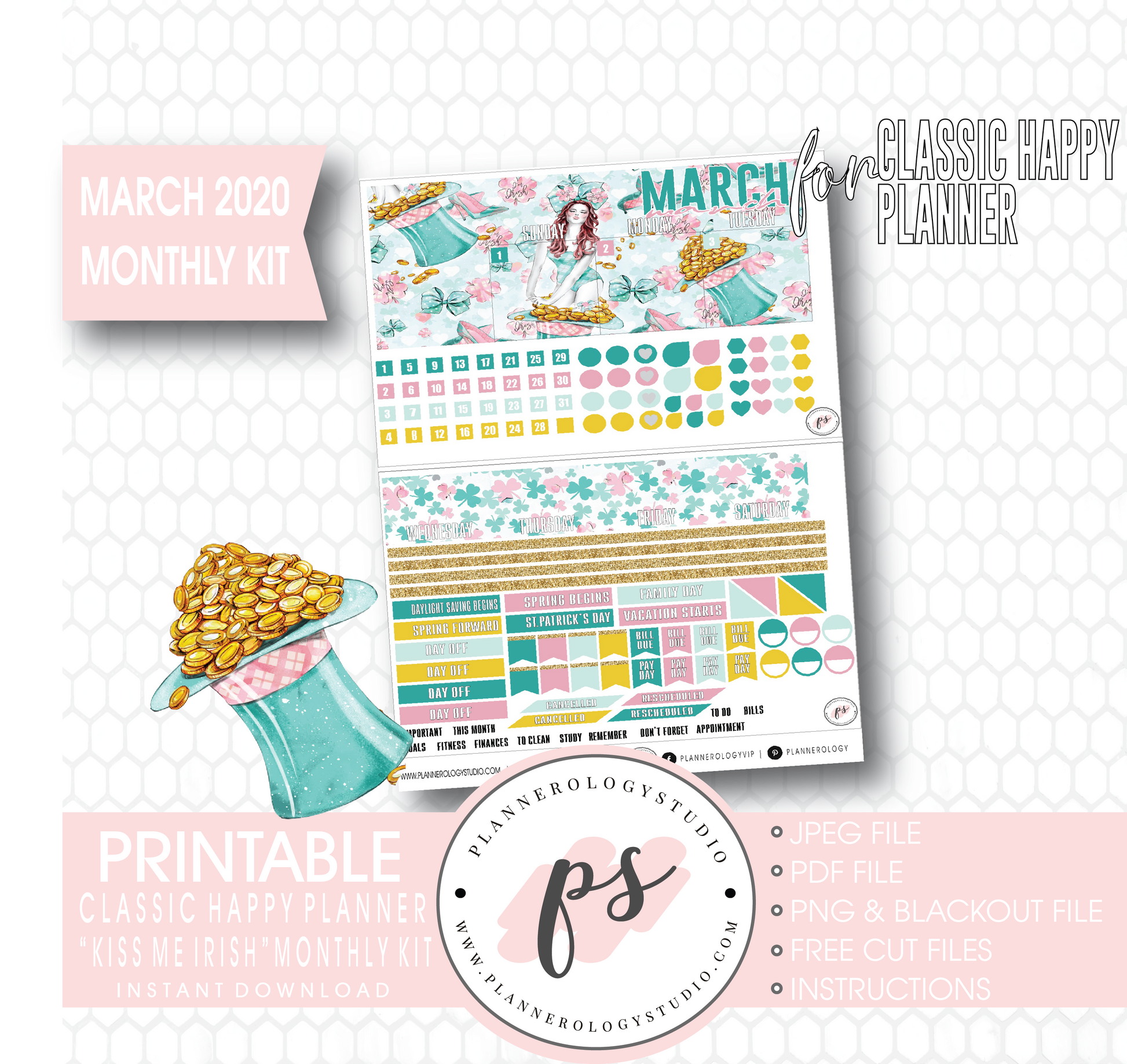 Kiss Me Irish March 2020 Monthly View Kit Digital Printable Planner Stickers (for use with Classic Happy Planner) - Plannerologystudio
