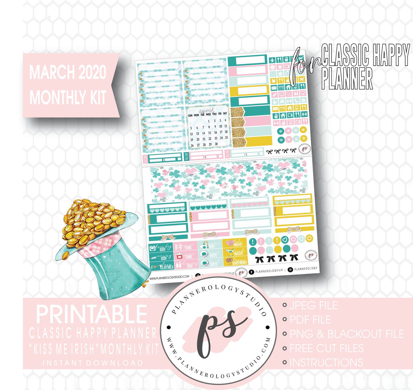 Kiss Me Irish March 2020 Monthly View Kit Digital Printable Planner Stickers (for use with Classic Happy Planner) - Plannerologystudio