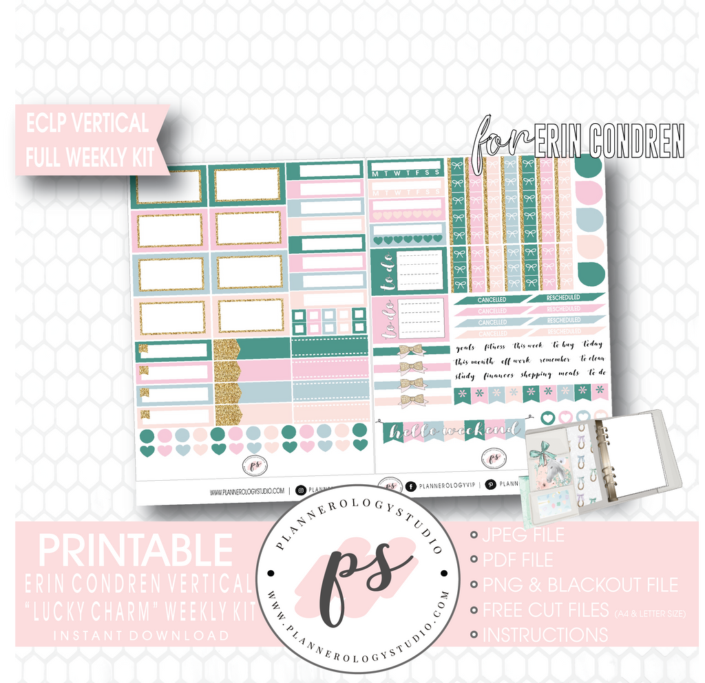 Lucky Charm (St Patrick's Day) Full Weekly Kit Printable Planner Digital Stickers (for use with Erin Condren Vertical) - Plannerologystudio