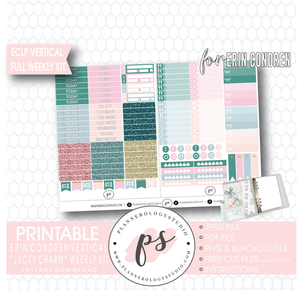 Lucky Charm (St Patrick's Day) Full Weekly Kit Printable Planner Digital Stickers (for use with Erin Condren Vertical) - Plannerologystudio