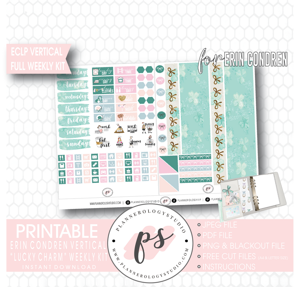 Lucky Charm (St Patrick's Day) Full Weekly Kit Printable Planner Digital Stickers (for use with Erin Condren Vertical) - Plannerologystudio