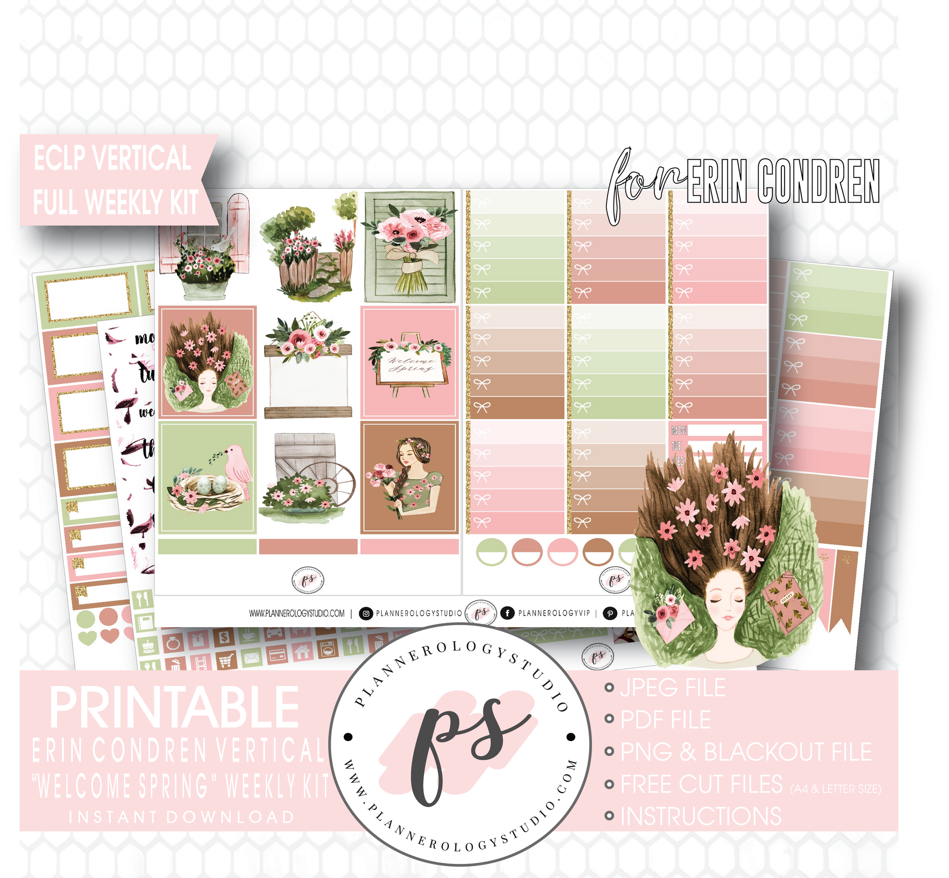 Welcome Spring Full Weekly Kit Printable Planner Digital Stickers (for use with Erin Condren Vertical) - Plannerologystudio