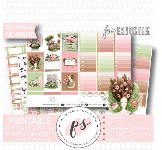 Welcome Spring Full Weekly Kit Printable Planner Digital Stickers (for use with Erin Condren Vertical) - Plannerologystudio