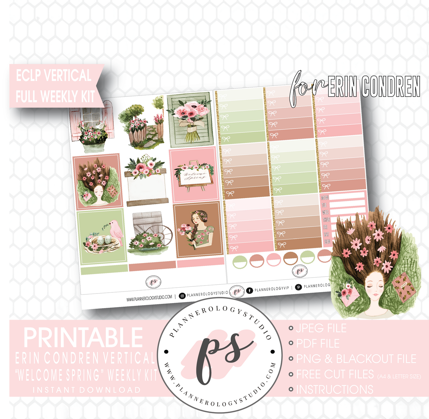 Welcome Spring Full Weekly Kit Printable Planner Digital Stickers (for use with Erin Condren Vertical) - Plannerologystudio