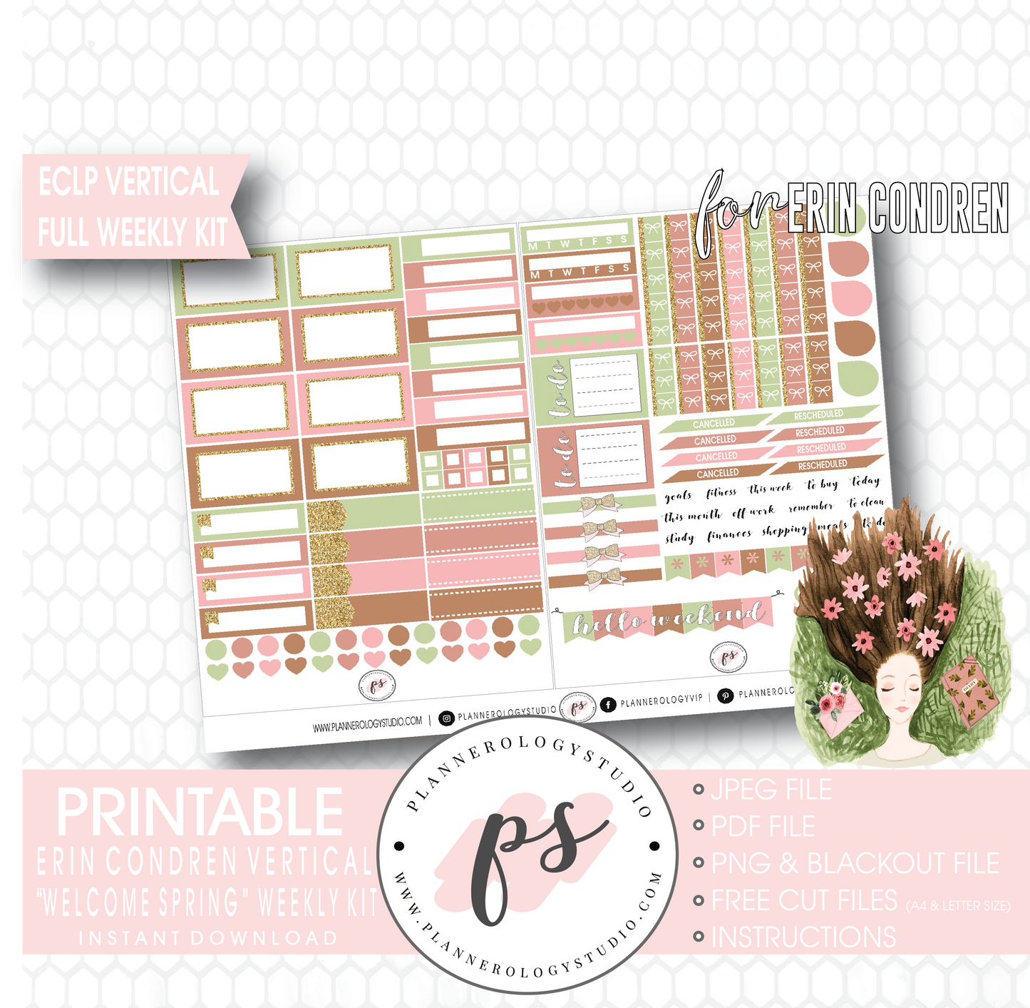 Welcome Spring Full Weekly Kit Printable Planner Digital Stickers (for use with Erin Condren Vertical) - Plannerologystudio