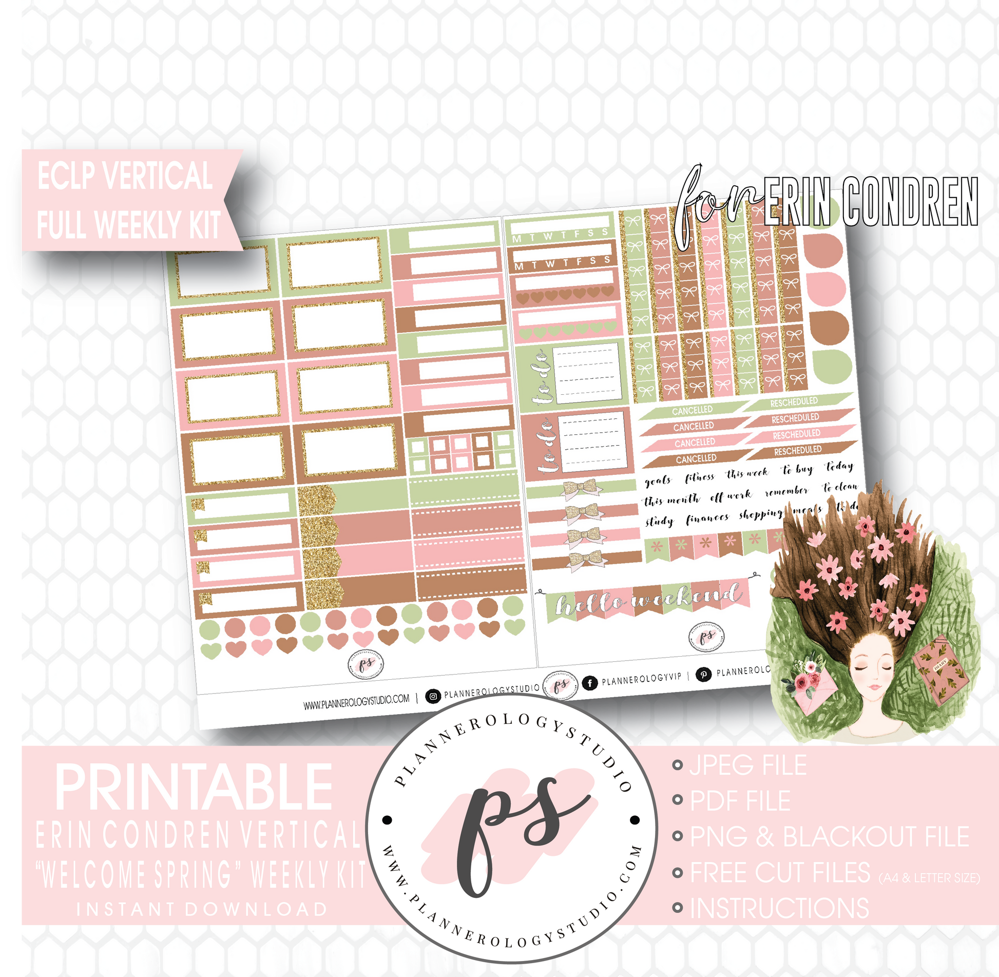 Welcome Spring Full Weekly Kit Printable Planner Digital Stickers (for use with Erin Condren Vertical) - Plannerologystudio