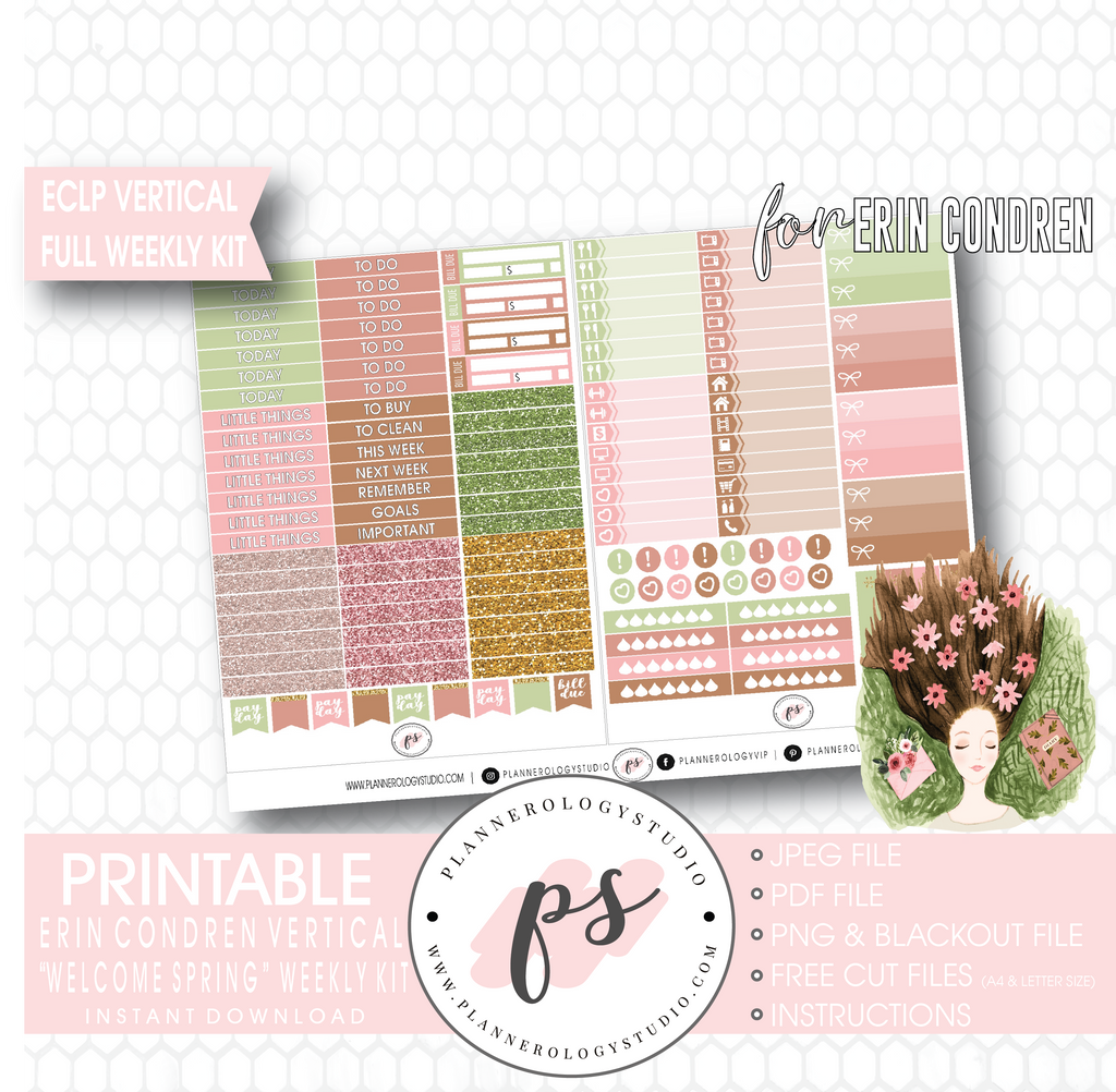 Welcome Spring Full Weekly Kit Printable Planner Digital Stickers (for use with Erin Condren Vertical) - Plannerologystudio