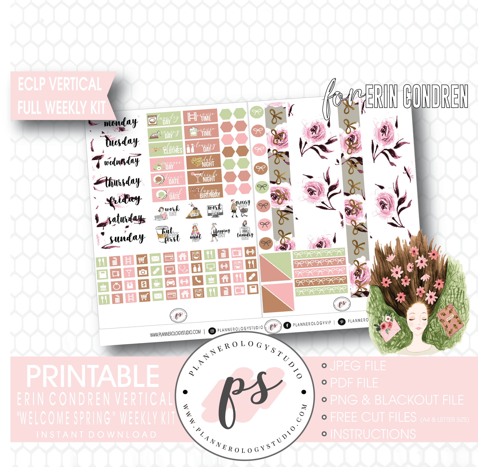 Welcome Spring Full Weekly Kit Printable Planner Digital Stickers (for use with Erin Condren Vertical) - Plannerologystudio