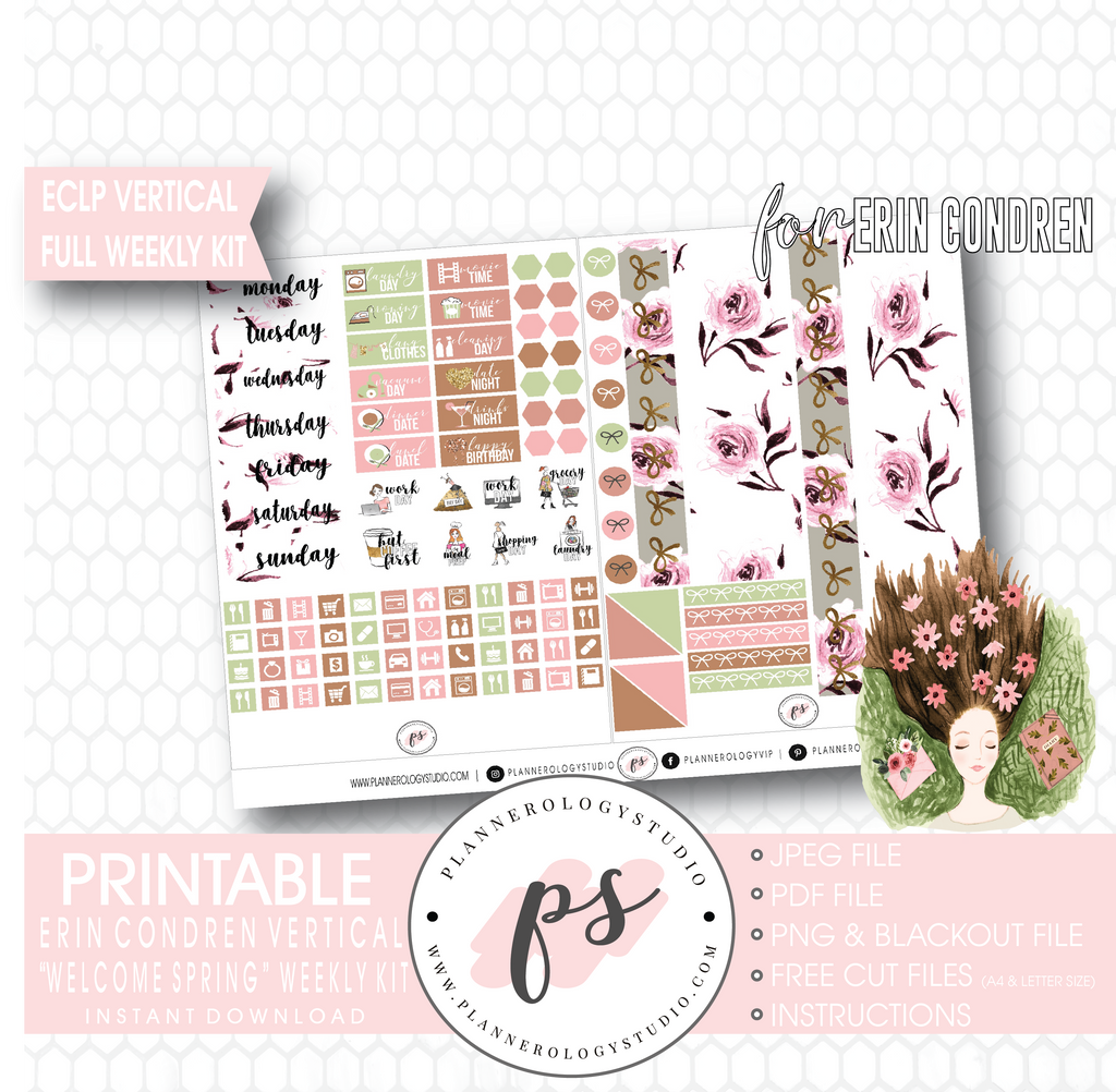 Welcome Spring Full Weekly Kit Printable Planner Digital Stickers (for use with Erin Condren Vertical) - Plannerologystudio