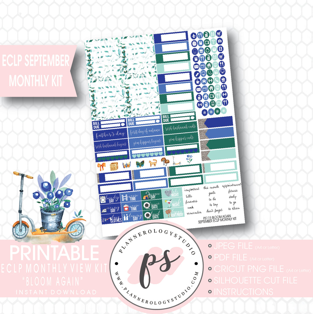 "Bloom Again" September 2017 Monthly View Kit Printable Planner Stickers (for use with ECLP) - Plannerologystudio