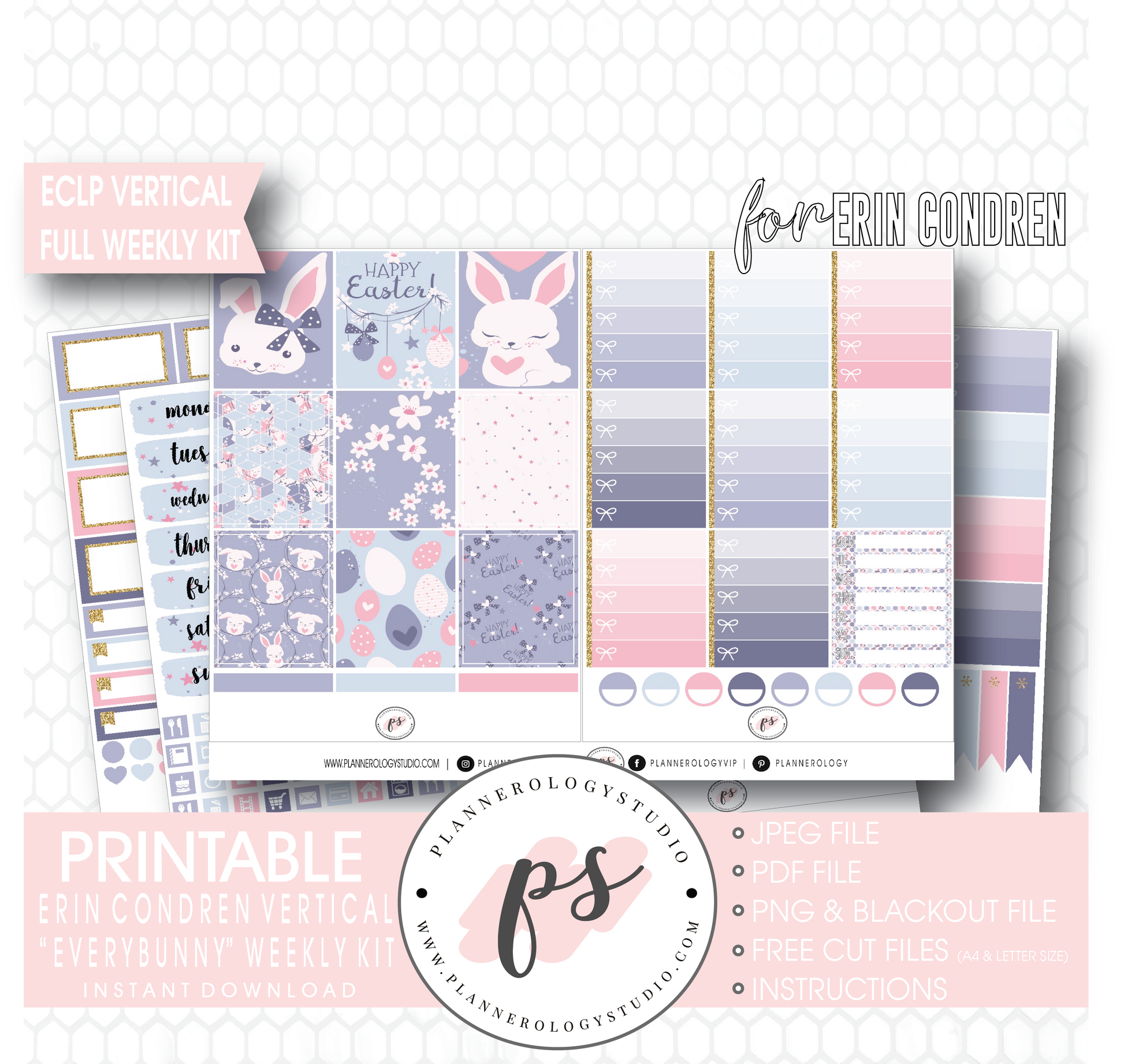 Everbunny (Easter) Weekly Kit Printable Planner Digital Stickers (for use with Erin Condren Vertical - Plannerologystudio