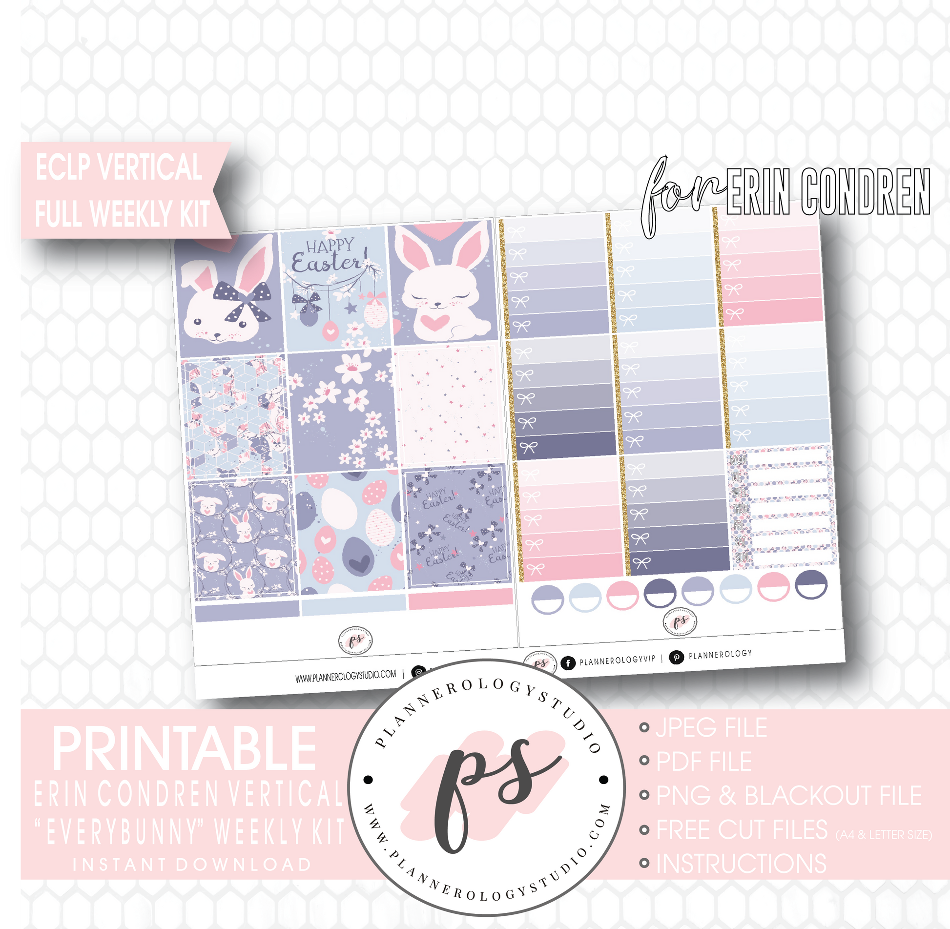 Everbunny (Easter) Weekly Kit Printable Planner Digital Stickers (for use with Erin Condren Vertical - Plannerologystudio