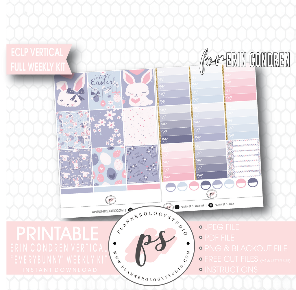 Everbunny (Easter) Weekly Kit Printable Planner Digital Stickers (for use with Erin Condren Vertical - Plannerologystudio