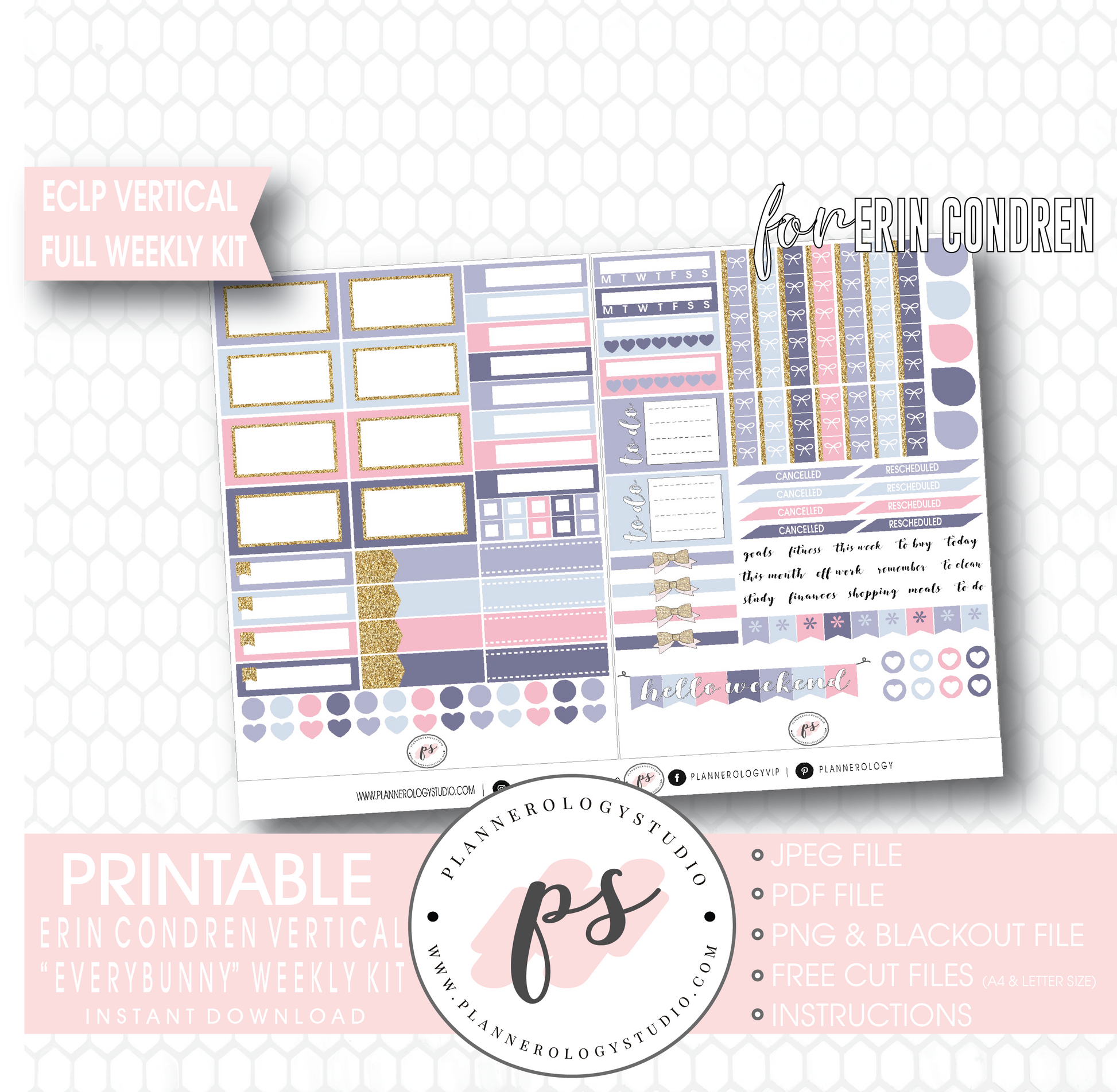 Everbunny (Easter) Weekly Kit Printable Planner Digital Stickers (for use with Erin Condren Vertical - Plannerologystudio