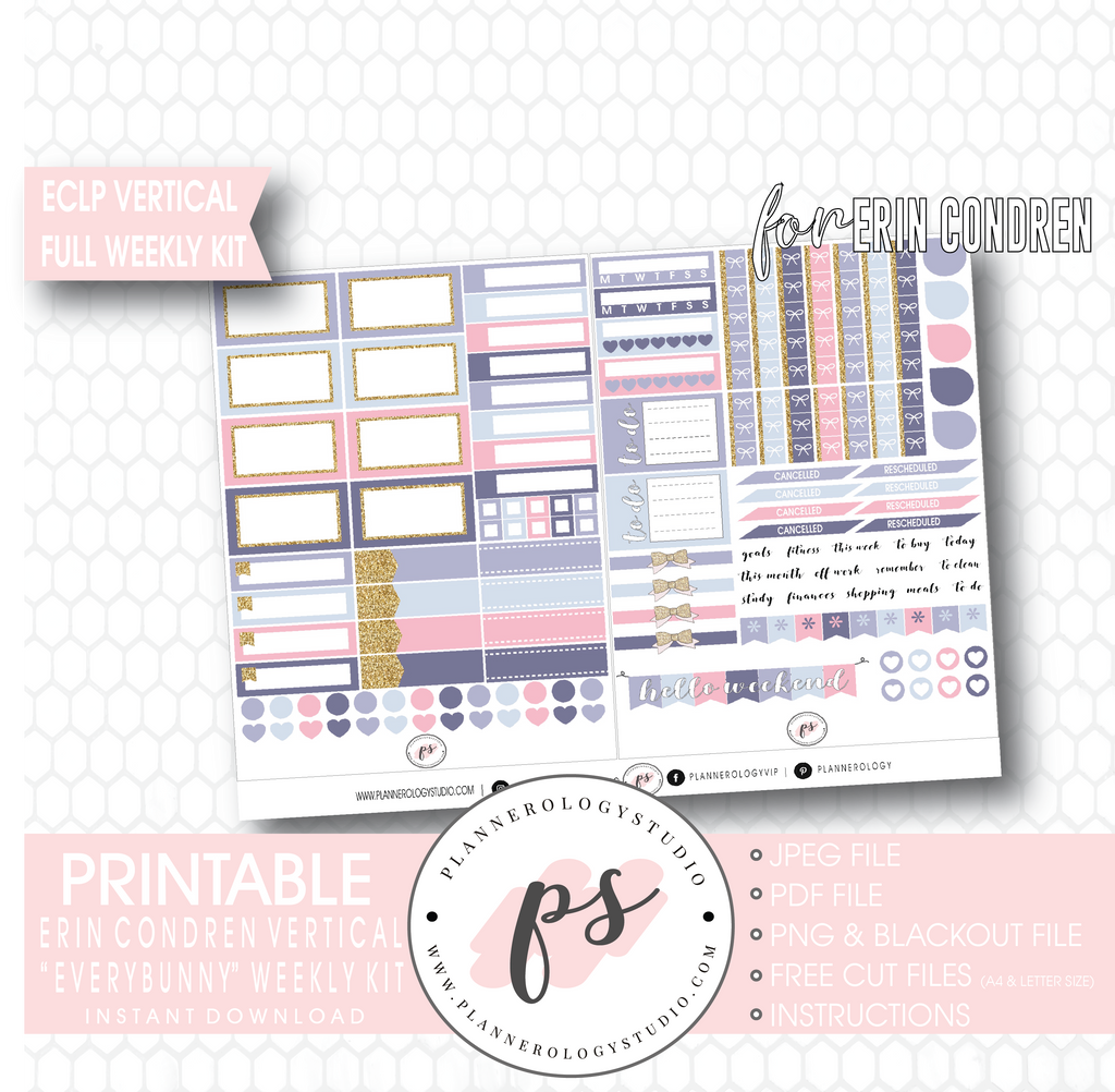 Everbunny (Easter) Weekly Kit Printable Planner Digital Stickers (for use with Erin Condren Vertical - Plannerologystudio