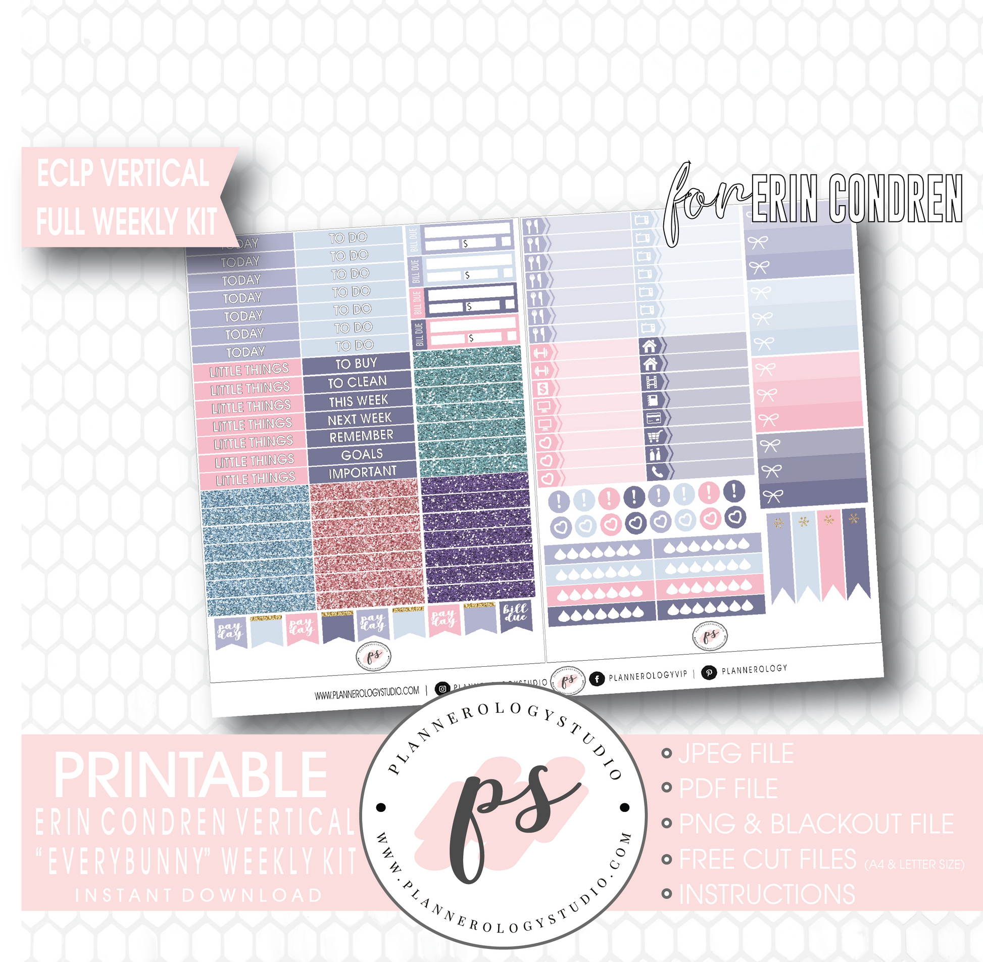 Everbunny (Easter) Weekly Kit Printable Planner Digital Stickers (for use with Erin Condren Vertical - Plannerologystudio