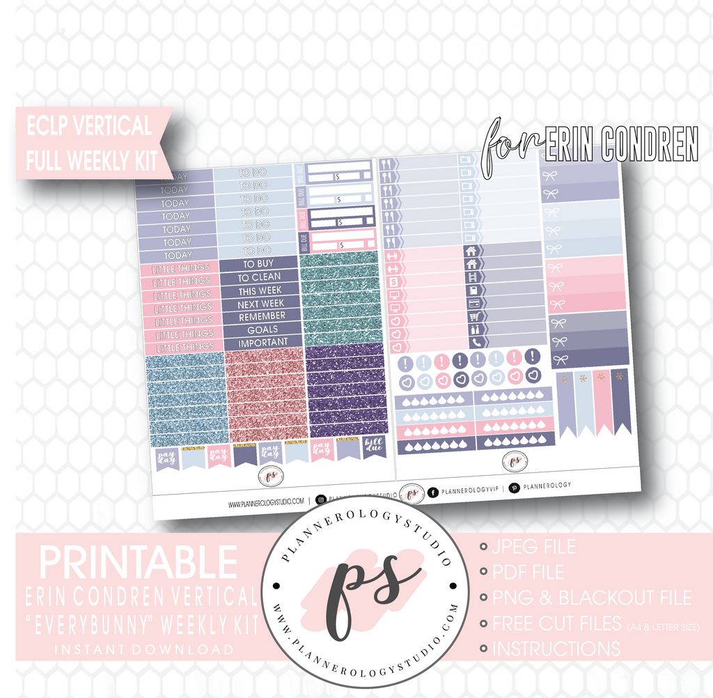 Everbunny (Easter) Weekly Kit Printable Planner Digital Stickers (for use with Erin Condren Vertical - Plannerologystudio