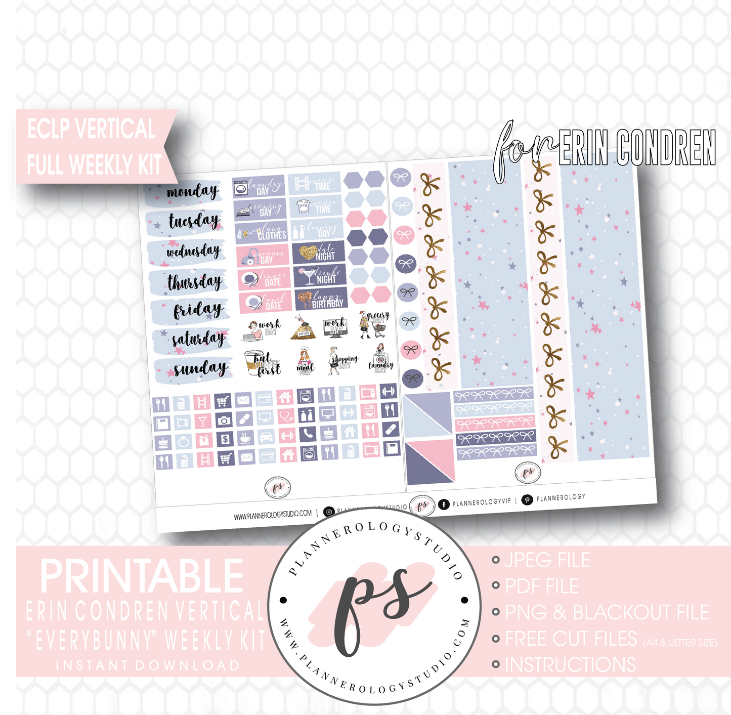 Everbunny (Easter) Weekly Kit Printable Planner Digital Stickers (for use with Erin Condren Vertical - Plannerologystudio